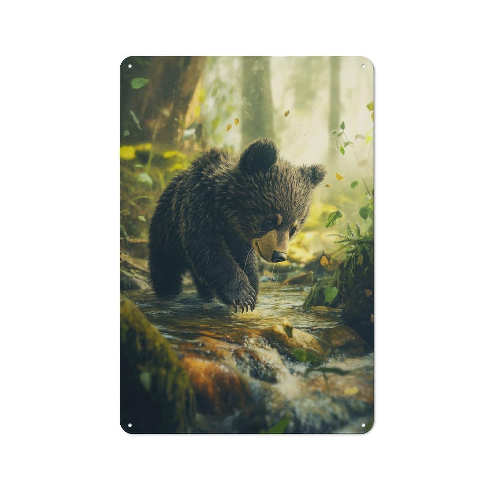 Junmoney Style-24 Farmhouse Bear Cub In A Forest Stream Country Metal Sign 30X20cm, Cottage Wall Art For Farmhouse Kitchen, Pantry Or Dining Area