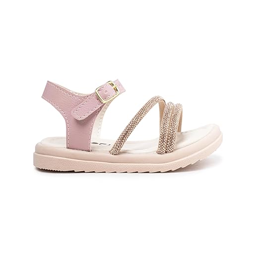 Sandália Infantil Papete com Tiras de Strass, Rosa e Dourado, Sola Leve Macio, Confortável
