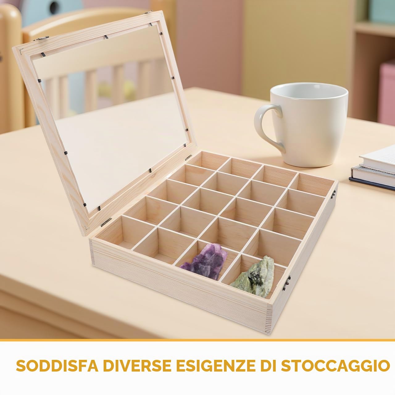 Toddmomy Scatola per Esposizione Minerali in Legno con Coperchio Trasparente Organizer Scomparti per Collezione di Cristalli Pietre Preziose e Campioni Roccia Custodia Portatile per Studio