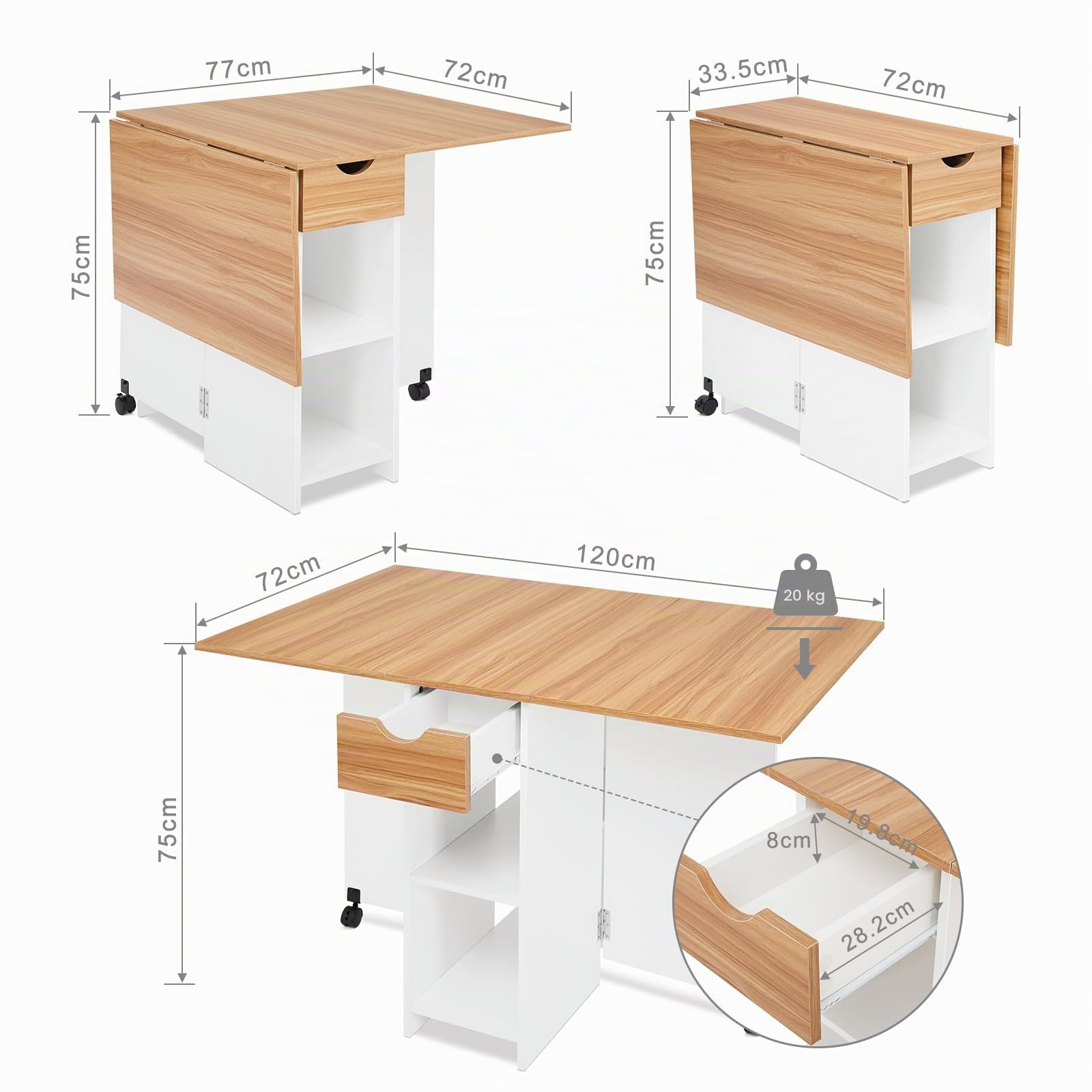 Mondeer Tavolo da pranzo, tavolo da cucina pieghevole per 4-6 persone, tavolo pieghevole con cassetto e 2 ripiani aperti per piccoli spazi, sala da pranzo, cucina, 120 x 72 x 75 cm, bianco+rovere