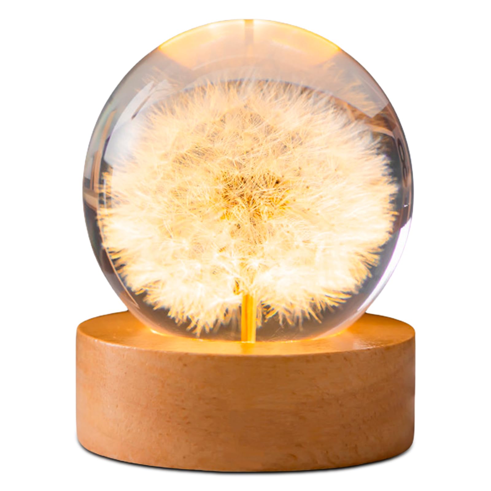 Nachtlampje met kristallen bol, 6 cm, paardenbloem, glazen bol, nachtlampje, bloem met USB-houten sokkel, Dandelion lamp, wensvulling voor thuis, tafeldecoraties, geschenken