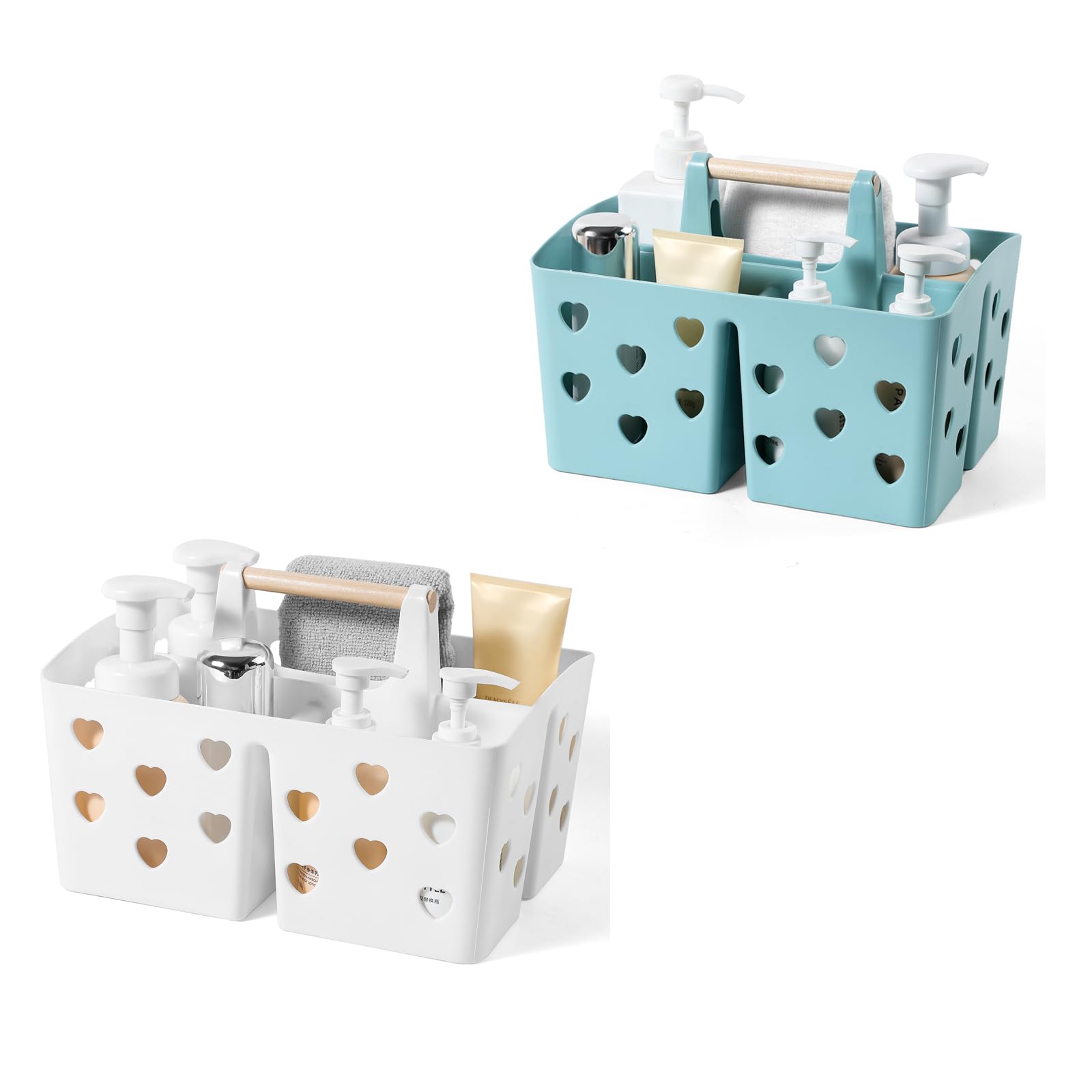 Anyoifax Portable Shower Caddy Plastic Basket with Wood Handle Divided Shower Tote Storage Organizer with Compartments for Bathroom