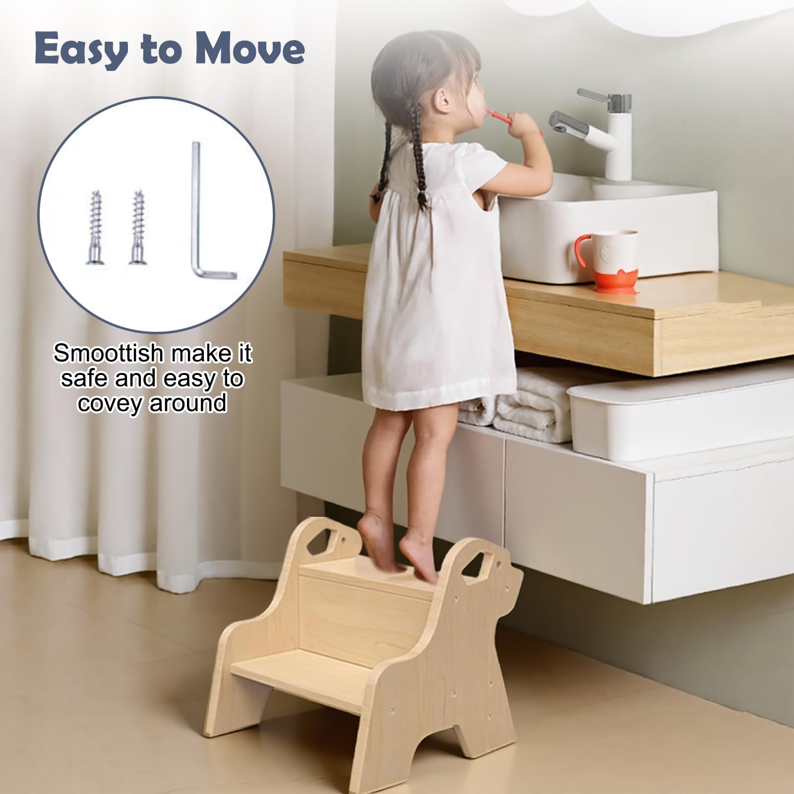 Tritthocker für Kinder - 2-Stufig Hocker Kinderschemel (Holzfarben) | Antirutschmatte und Griff, Multifunktional Tritthocker Holz für Badezimmer, Küche, Kinderzimmer, Kinder, Erwachsene, Senioren
