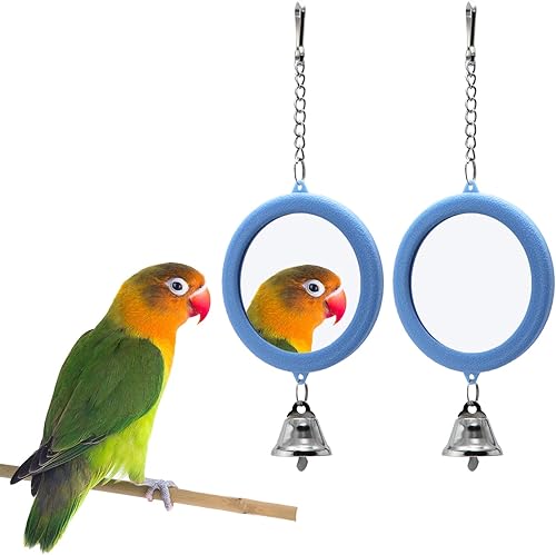 2PCS Bird Mirror with Bell Parrot Hanging Interactive Playing Toy for Cockatiel Parakeets Canaries Budgie Cage Accessories (Blue)
