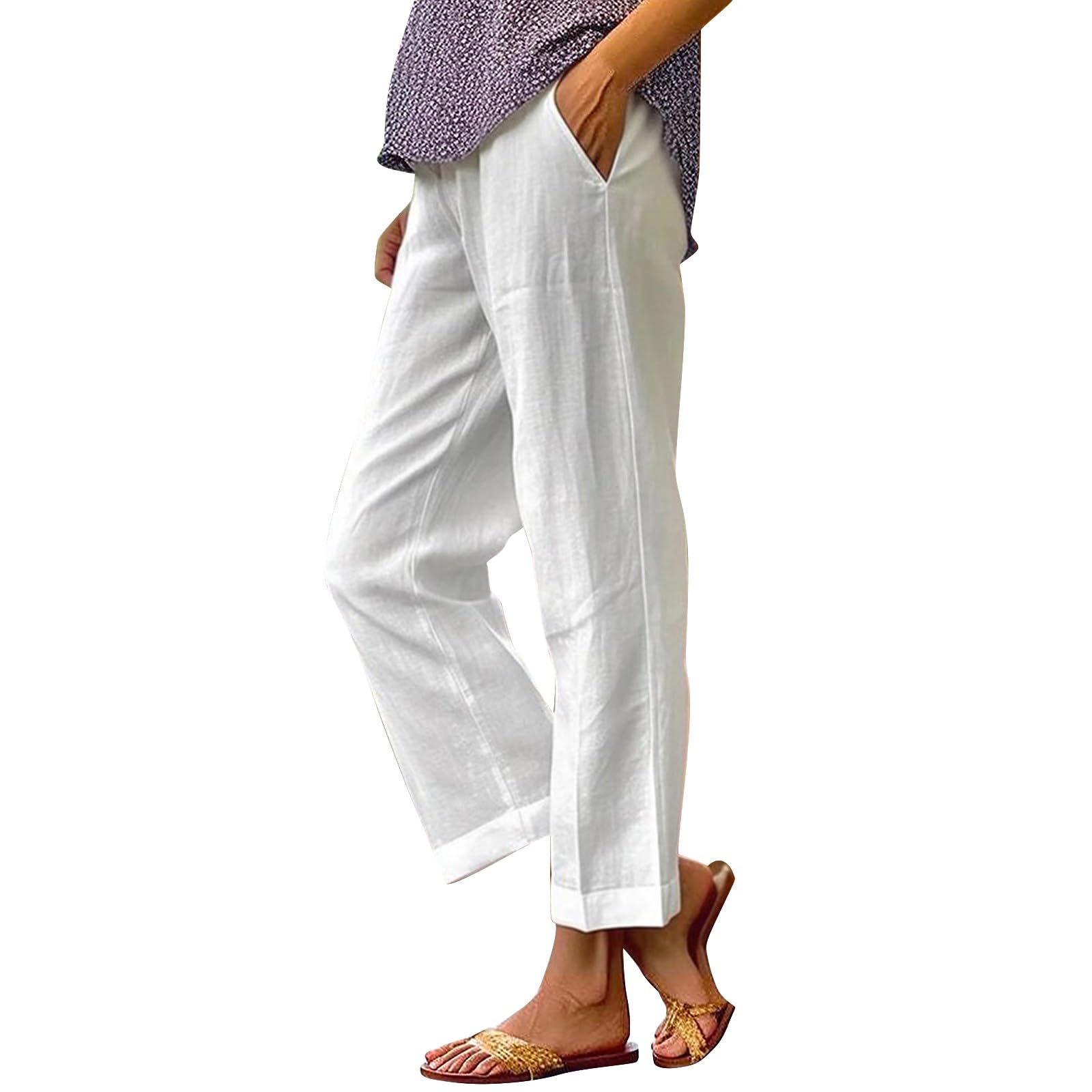 Women Solid Straight Solid Elastic Pants Long Drawstring Linen Women Waist Cotton Casual Pants Leggings with Pockets for Women Plus Size