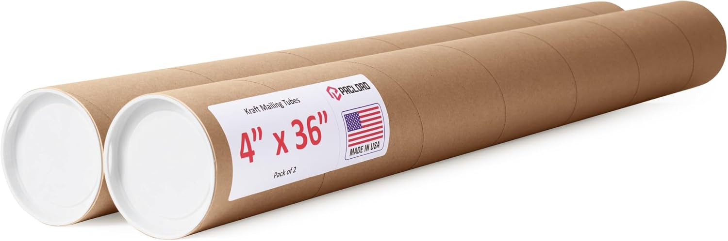 4" x 36" Reinforced Kraft Paper Mailing Tubes, Pack of 2 Tubes with 2 Caps Each  USPS Approved Poster Tube  Made in USA Cardboard Tube for Shipping and Storing Posters, Prints, Artwork, or Documents