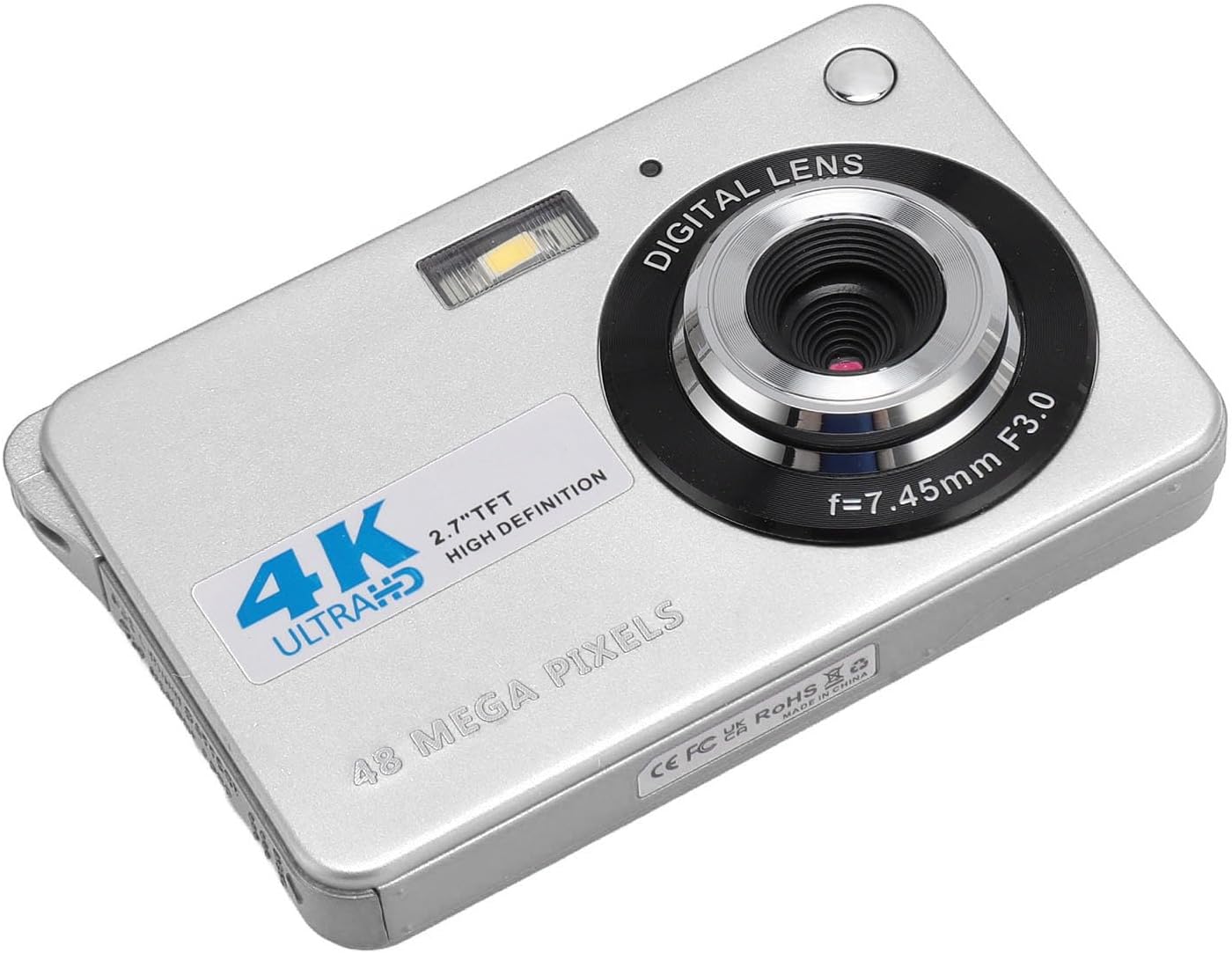 4K Digital Camera 48MP HD 2.7 Inch Screen 8X Zoom Autofocus Beauty Anti Shake, Travel Camera for Teens Kids (Silver)