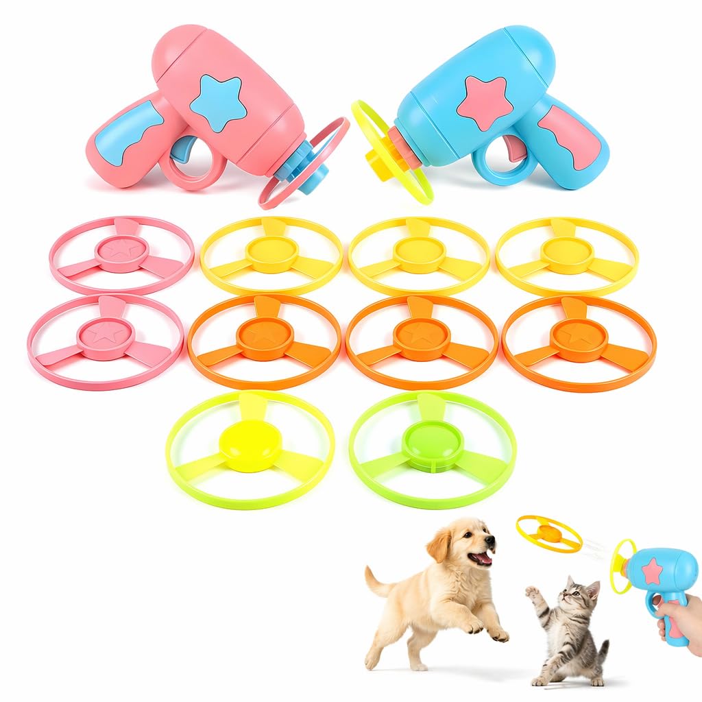 12PCS Flying Disc Launcher Device, Interactive Pet Accessory, Pet Fetch Accessory, Flying Discs, 10 Random Colour Discs Portable Play Kit for Indoor Outdoor Cat Dog Daily Entertainment Pet Presents