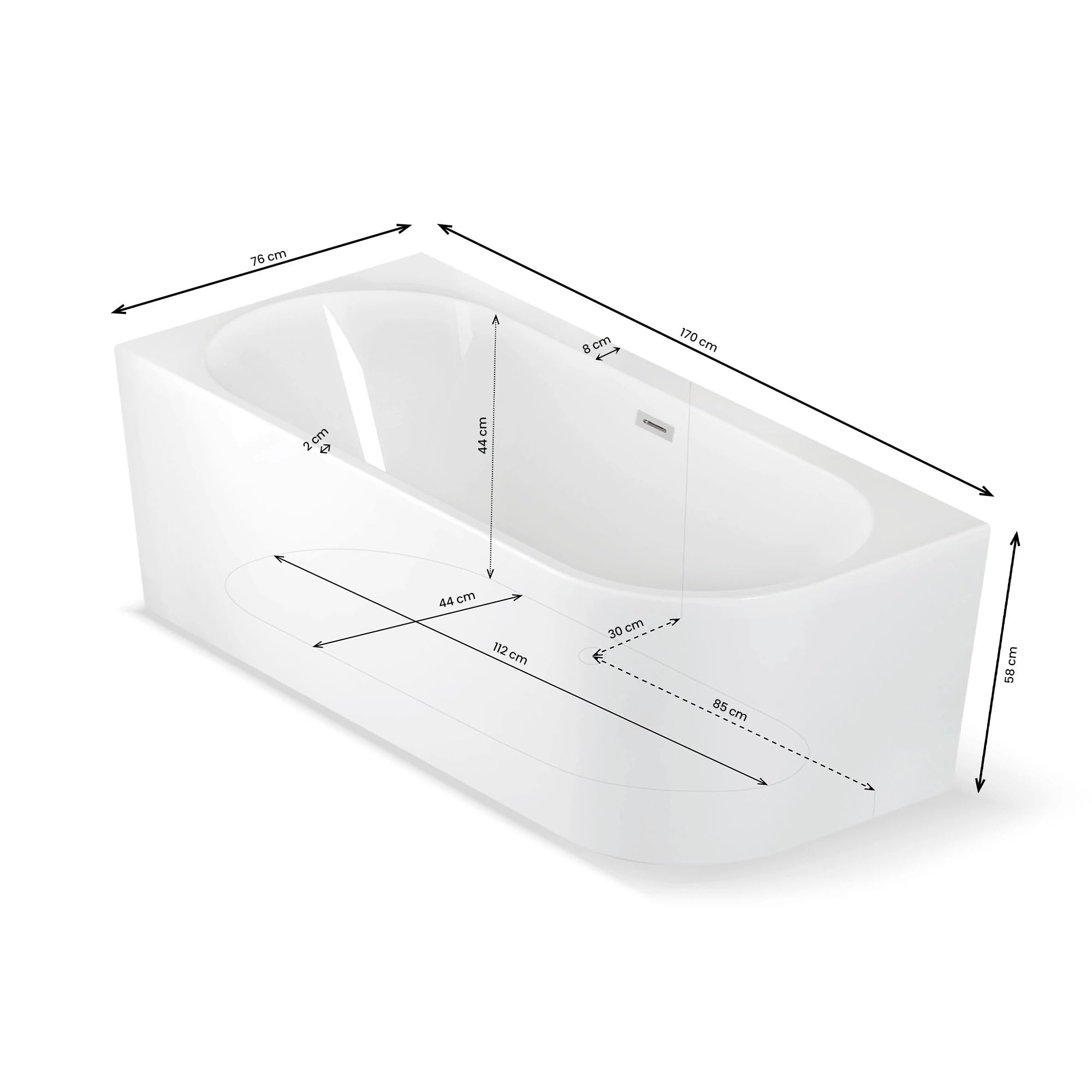 SPALINA CAPRI 170 GAUCHE - Bañera semi-exenta mural L. 170 x l. 76 cm