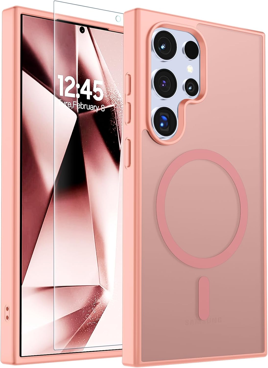 SUPFINE Magnetic for Samsung Galaxy S24 Ultra Case with Screen Protector, (Built-in Magnets) (Military Grade Drop Protection) Slim Translucent Shockproof Phone Case,Light Pink
