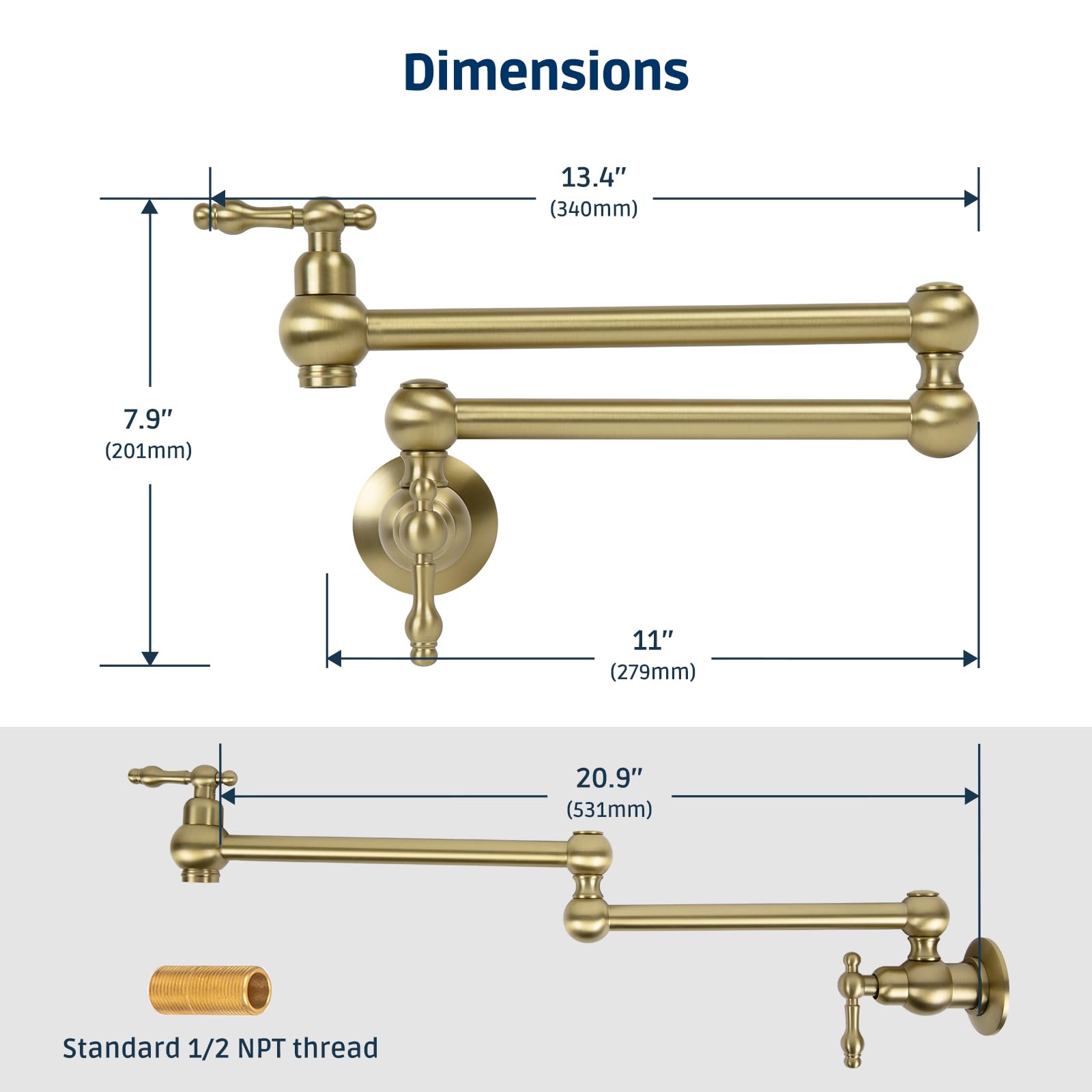 Grifo de latón de 23 pulgadas, oro cepillado, montaje en pared sobre estufa, grifo de agua, 2 asas plegables y elásticas