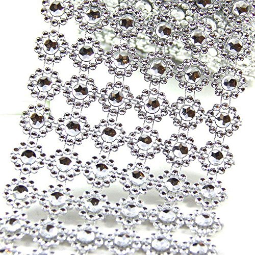 Jsshi 6 Row,4" X10 Yard,Silver Flower Diamond Rhinestone Crystal Mesh Ribbon Wrap Roll For Wedding Decorations, Wedding Cake, Birthdays, Party Supplies, Arts & Crafts(Flower Pattern 10 Yards) (Silver) #TOP3