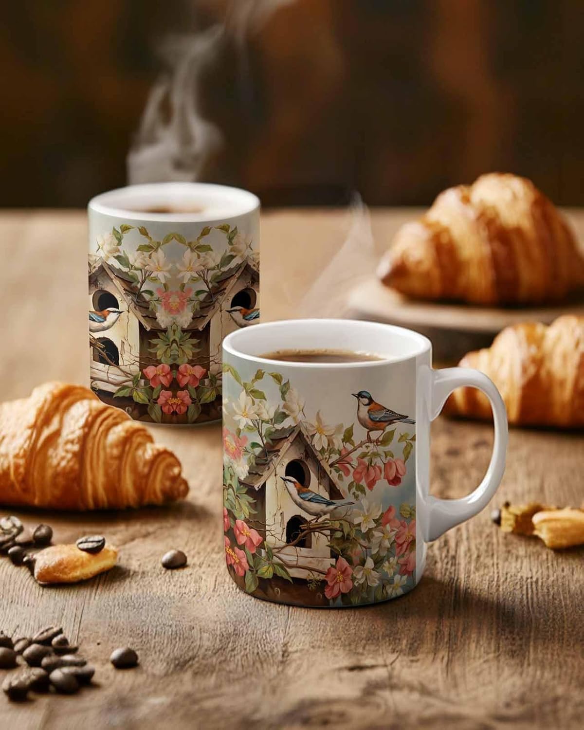 BEMIGO Ceramic Coffee Mug Spring Flowers Birds Birdhouse Ceramic Mug White Cup, Watercolor Florals Insulated Coffee Cup with Handle with Pattern Perfect for Tea and Hot Beverages, 12oz