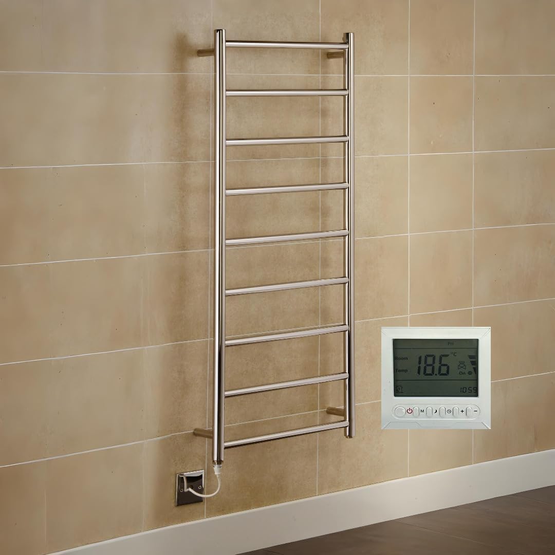 Manissa Mirror Polished Stainless Steel Selby Electric Stainless Steel Towel Rail Towel Warmer Mirror Polished Finish + 7 Day Timer And Thermostat (600 X 1000)