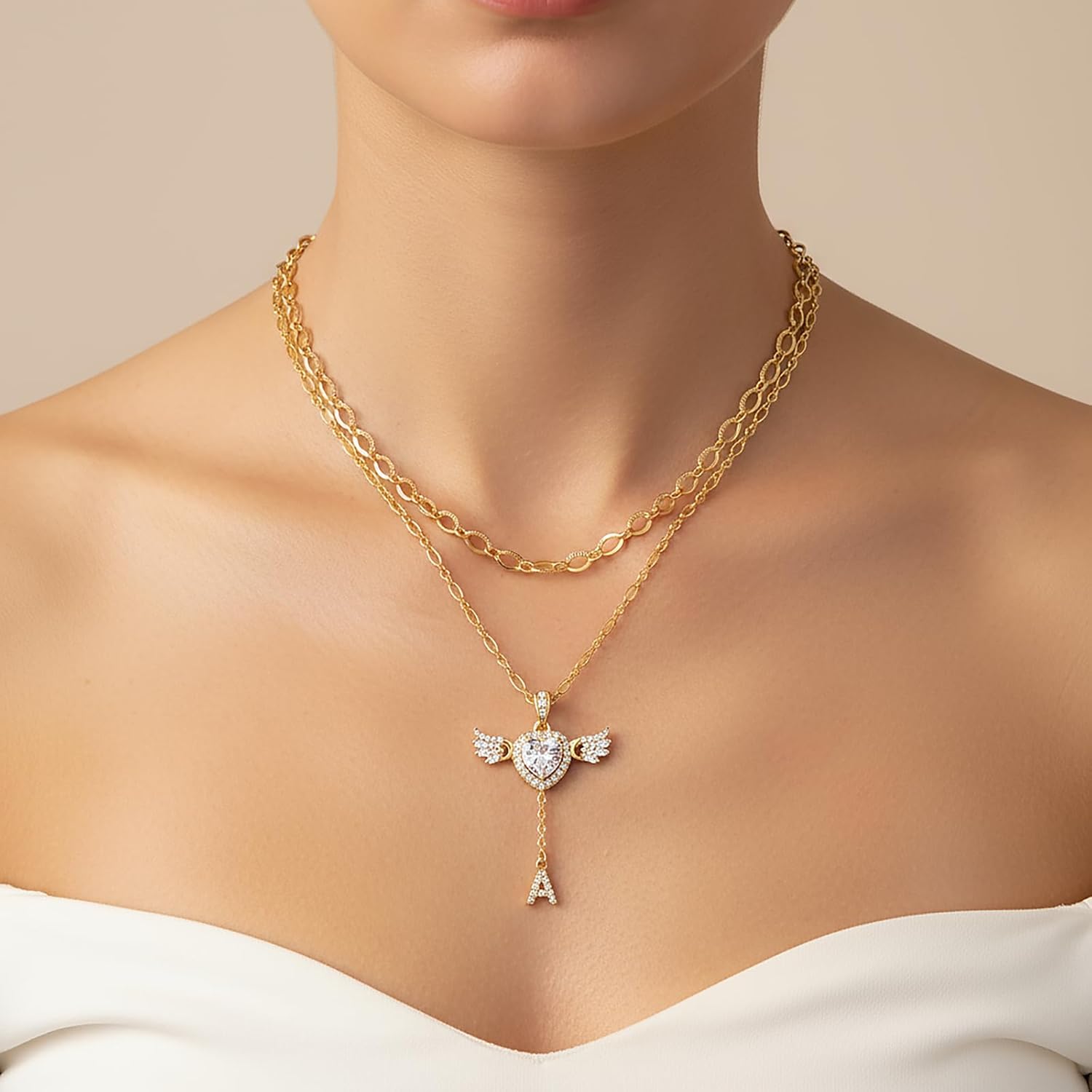 Angel Heart Initial Necklaces for Women,14K Gold Plated Cubic Zirconia Love Letter Necklace with Movable Wings Dainty Layered Custom Name Pendant Personalized Chain Stackable Jewelry Gift - Image 2