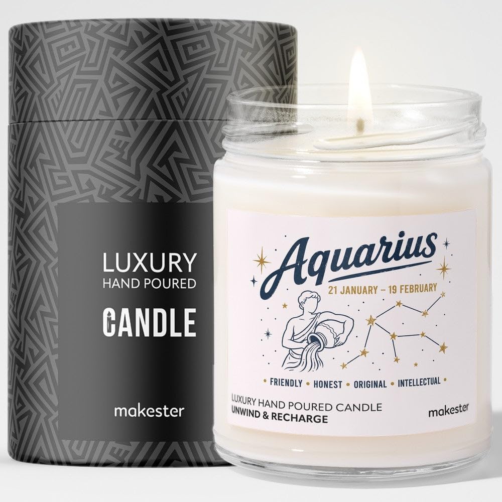 Birthday Gift for Aquarius - Luxury Soy Wax Candle - Vanilla, Jasmine, Sugared Almond - Makester — image 1
