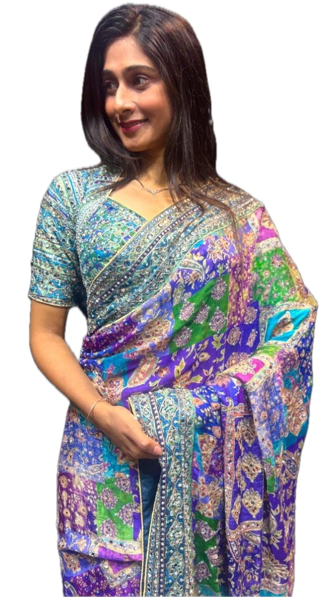 vinayak textile Women's Blue Green Pink Multicolored Ajrak Digital Prined Real Mirror And Latkan Worked Saree With Blouse-picture-34