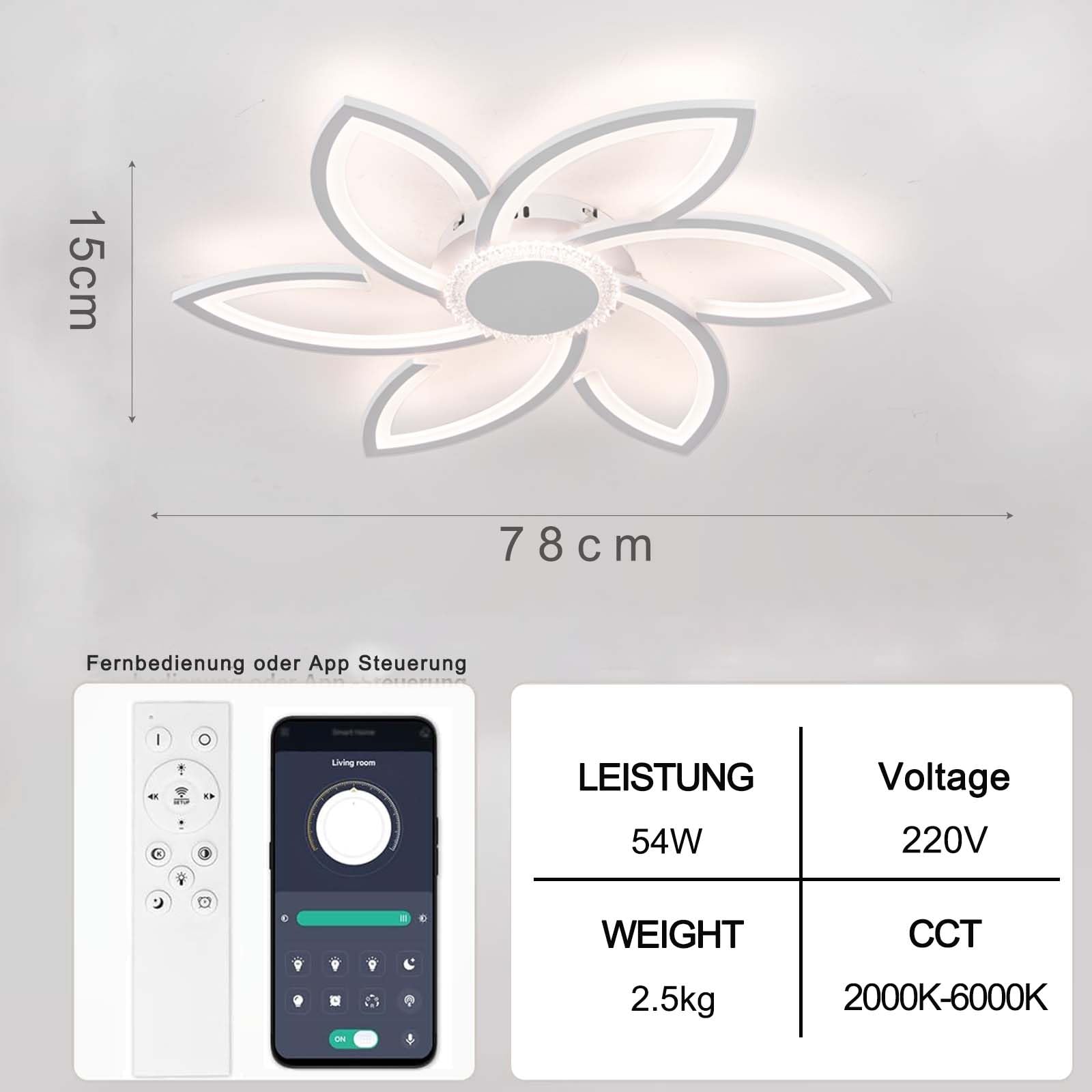 Lámpara Techo LED Inteligente con Mando a Distancia y Función de Memoria Controlable Mediante APP Ceiling Light 3 Temperaturas de Color Opcionales Ceiling Lamp Dc Motor, Blanco