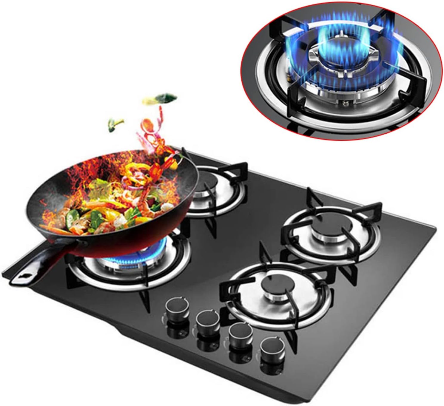 23" 4-Burner Gas Cooktop Built-In Stove Top Tempered Glass LPG/NG Gas Cooker, 4 Burners Gas Hob Grate Stovetop Cooker Easy to Clean Elegant and Durable For Kitchen Chefs