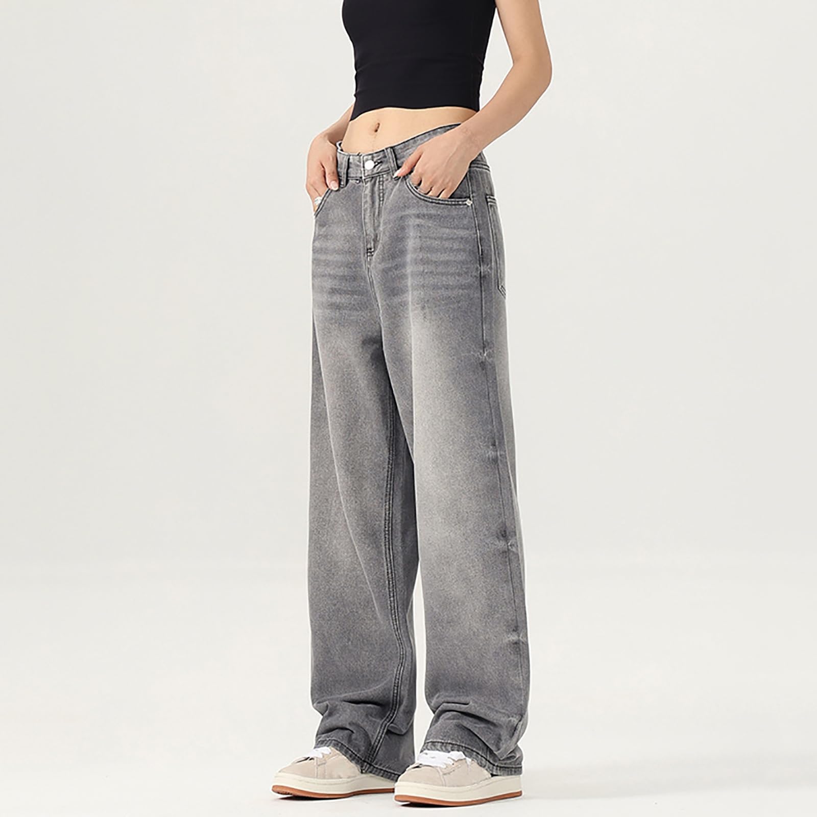 Damskie Dżinsy Proste Luźne Spodnie Cargo z Niskim Stanem Szerokie Nogawki Spodnie Boyfriend Luźne Spodnie Rekreacyjne Dżinsy Wiosenne Streetwear Dżinsy Cargo Szare Sprane