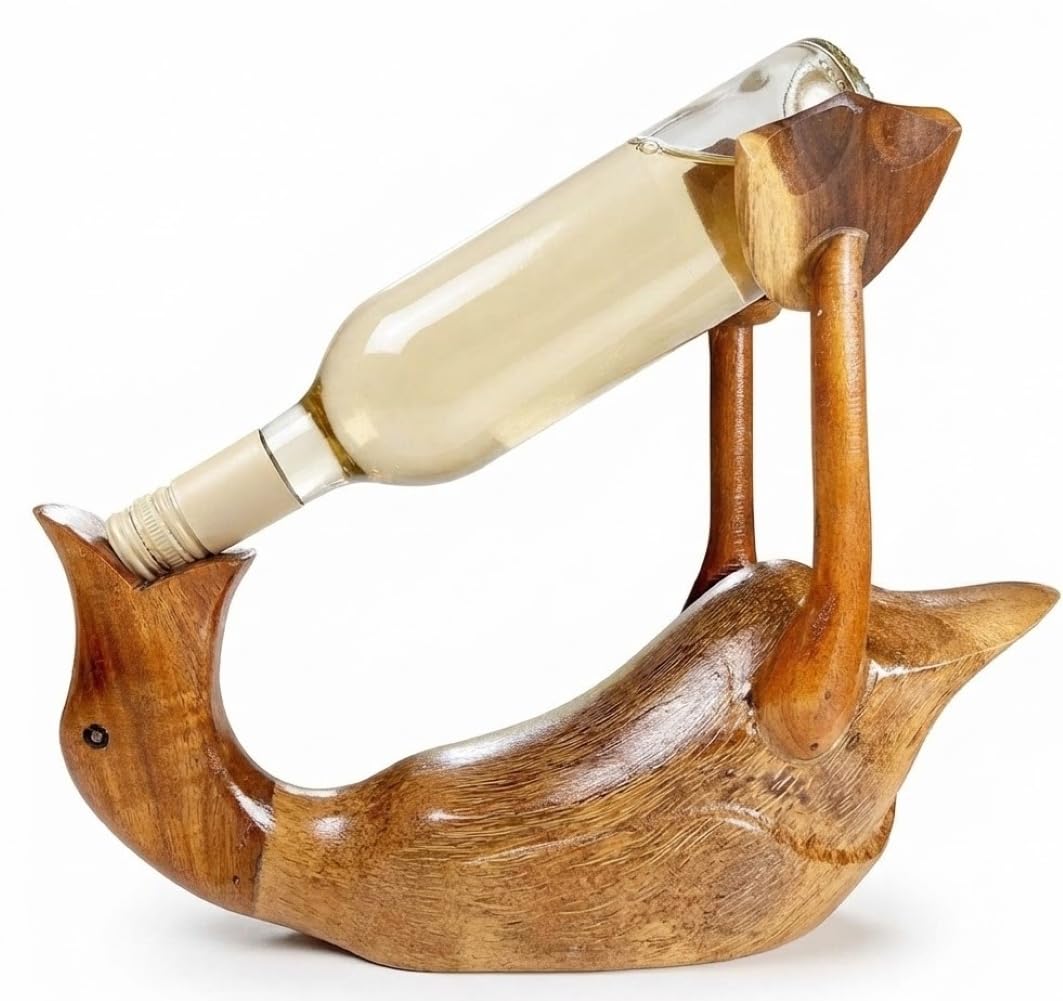 Wooden Duck Wine Bottle Holder Gift For Her Hand-Carved Novelty Stand