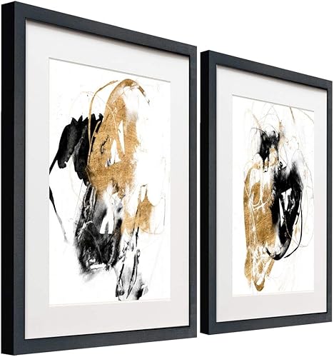 Miniatura 2 de Renditions Gallery Black & Gold Splash - Juego de 2 obras de arte enmarcadas, espiral, líneas, abstracto moderno, arte contemporáneo, marco negro