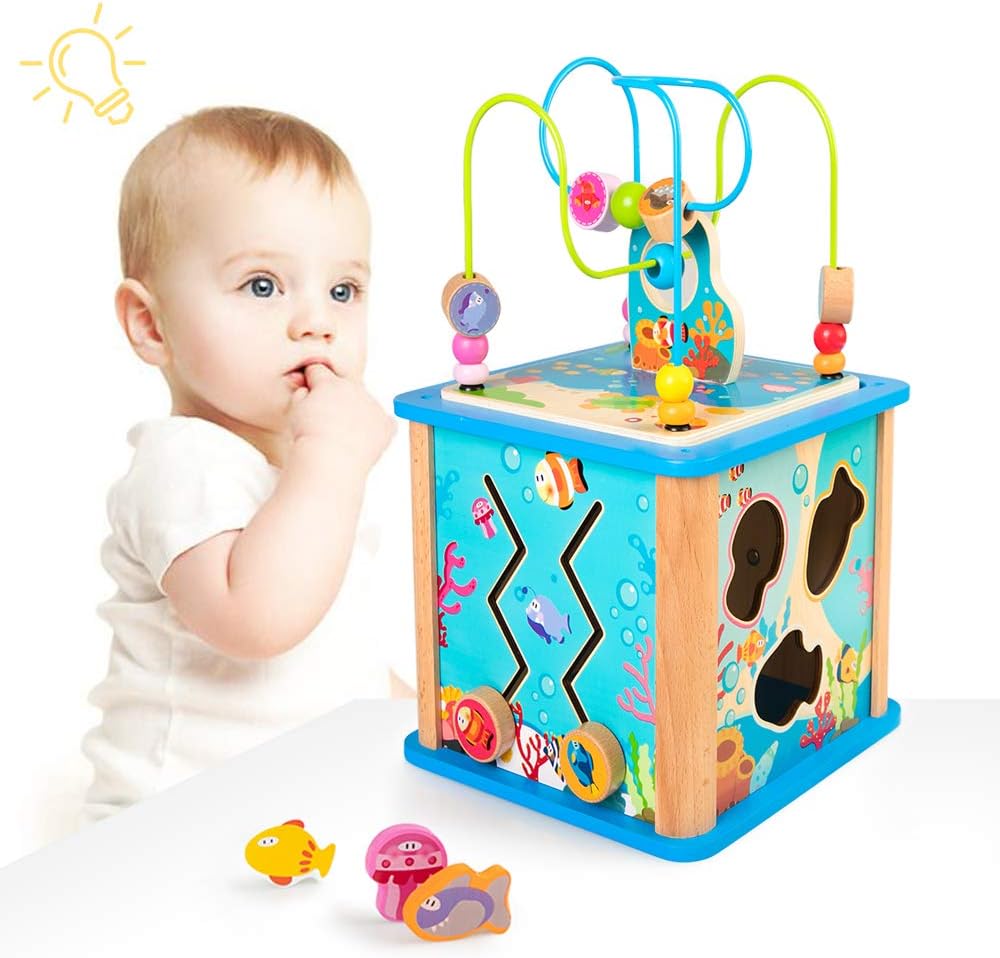 rolimate Wooden Activity Cube Best Christmas Gifts for 3 Year Old and Up Boy Girl Shape Sorter Activity Center for Baby Kid Toddler Preschool Learning Toys Educational Travel Toys