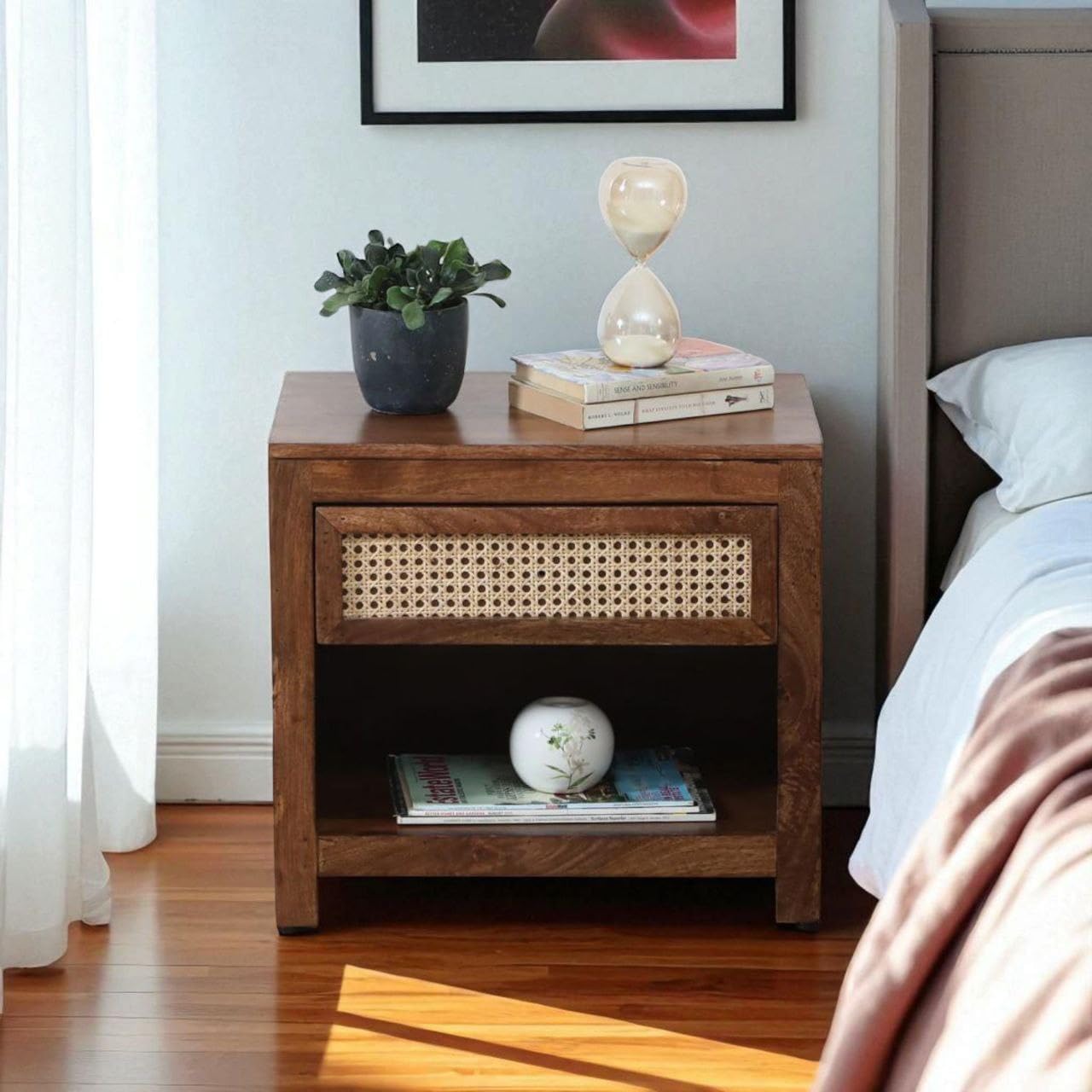 Solid Sheesham Wood Bedside Table with 1 Drawer Wooden Nightstand End Table for Bedroom Living Room Home (Natural)-image-40