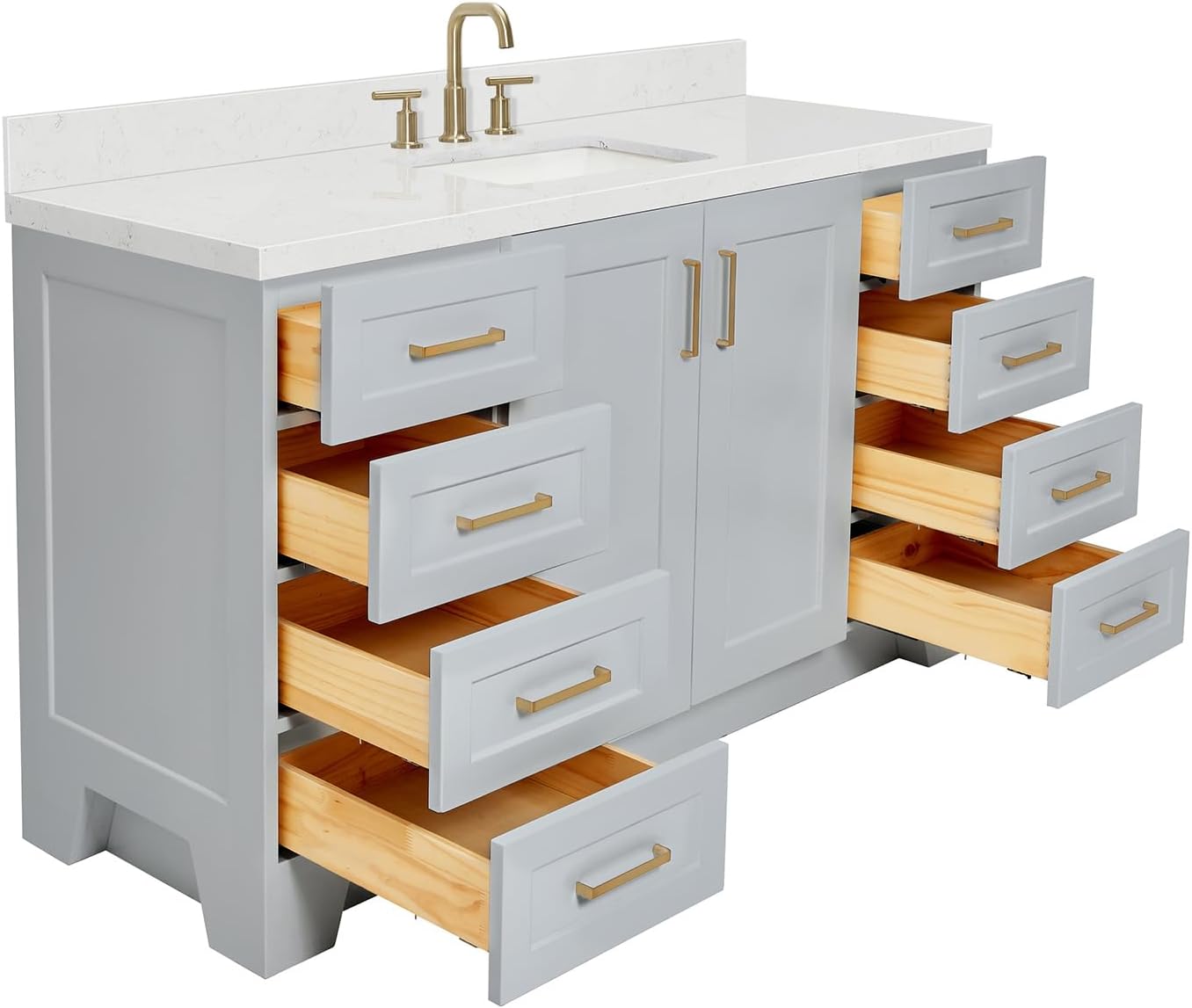 ARIEL Taylor 60-inch Bathroom Vanity with Sink,Solid Wood, 1.5-inch Carrara White Quartz Countertop & Backsplash, Single Rectangular Porcelain Sink, 2 Soft Closing Doors, 9 Dovetail Drawers, Grey