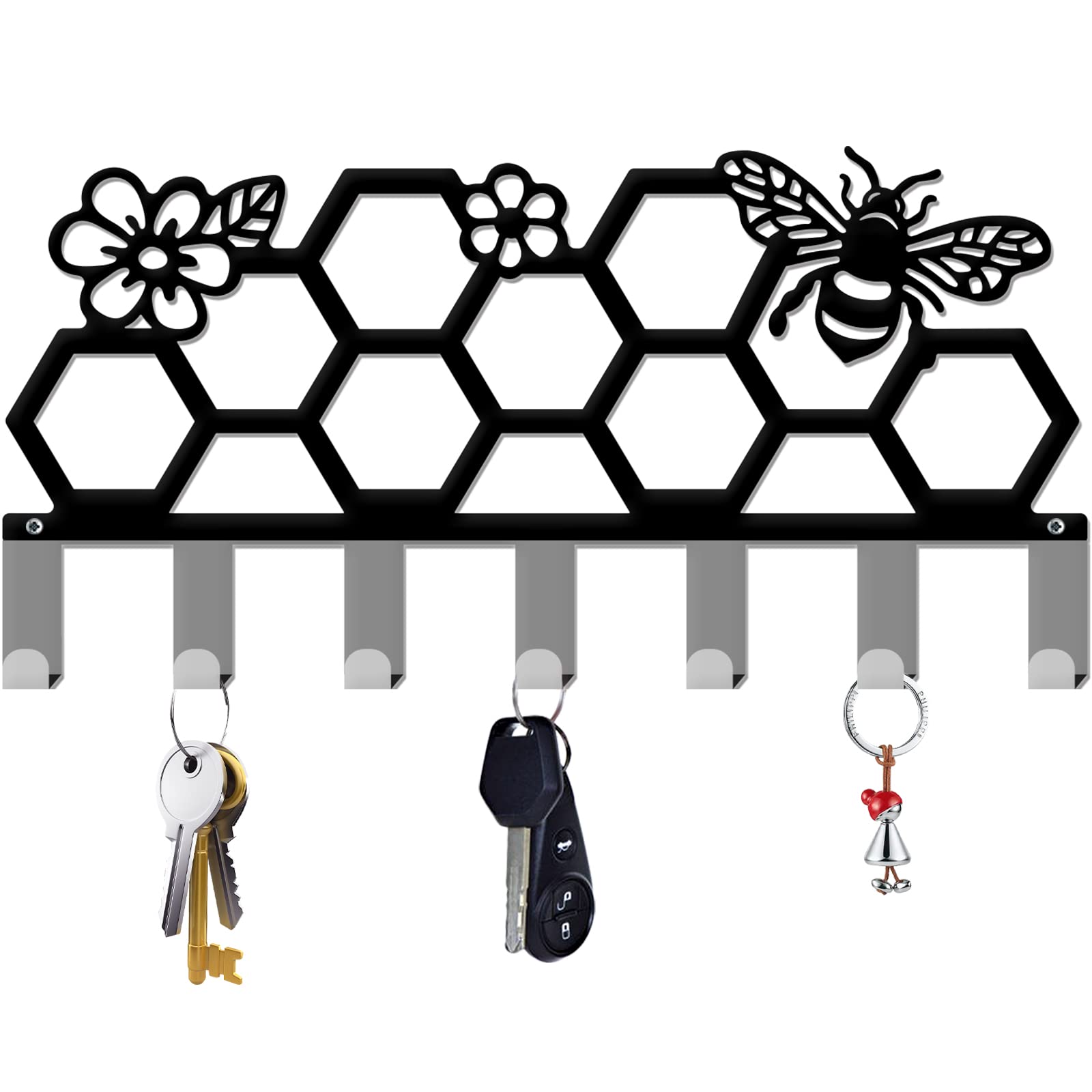 Porte-clés mural en métal noir INFUNLY avec 7 crochets et décor abeille