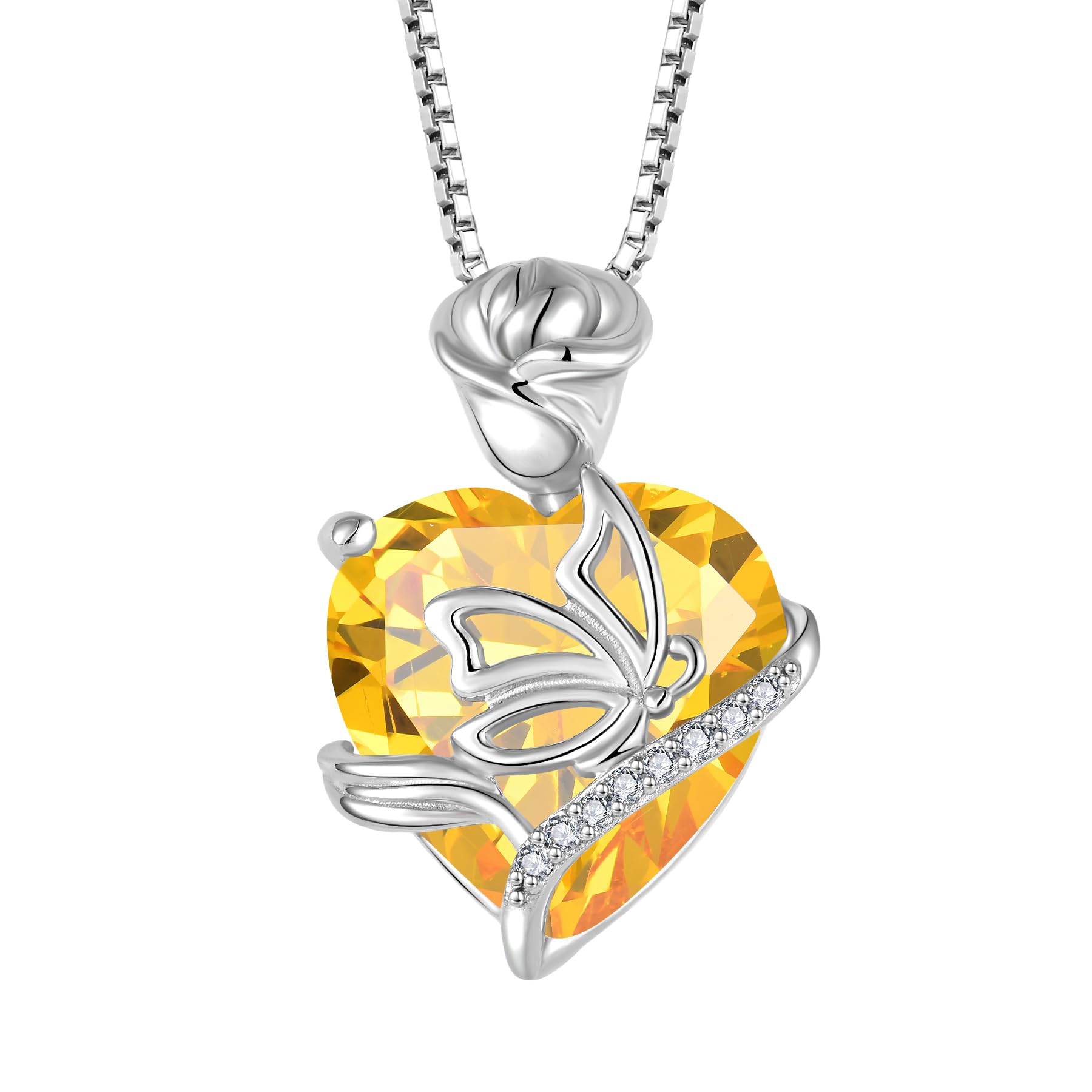 FJ Herz Geburtsstein Kette Damen 925 Sterling Silber Schmetterling Kette Anhänger Rose Blume Halskette Schmuck Geschenke für Frauen Mutter Freundin Mama