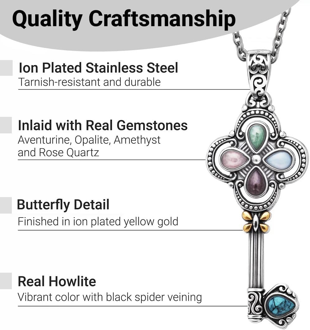 SHOP LC DELIVERING JOY Key Necklace Pendant Stainless Steel with Gold Plated - Charm Necklace with Rose Quartz, Amethyst, Aventurine, Opalite & Howlite Jewelry for Women Chain Length - 20 inch Gifts