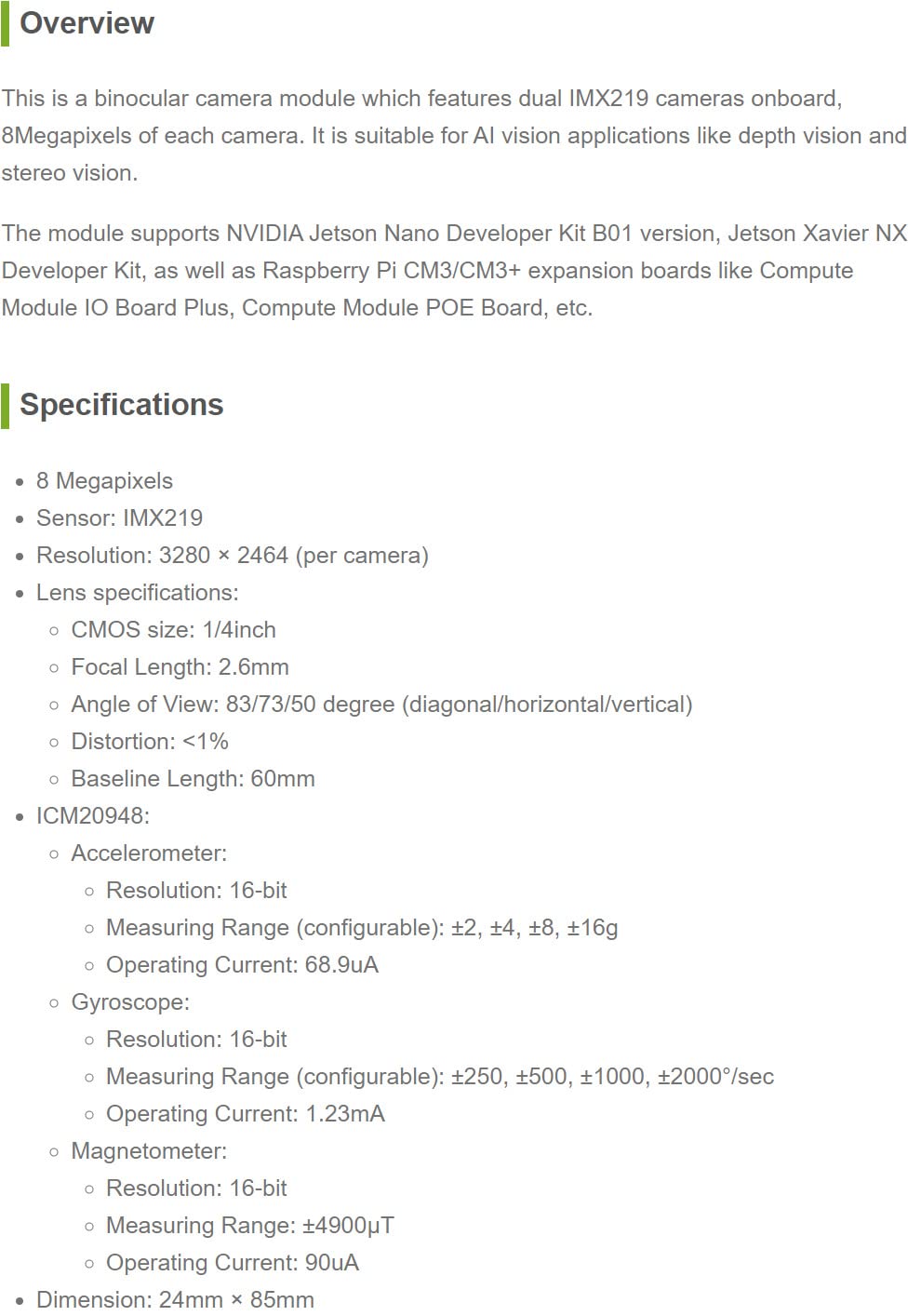 Waveshare Binocular Camera Module, Dual IMX219 8 Megapixels, for AI Vision Applications, Like Depth and Stereo Vision, Supports Jetson Nano Developer Kit B01/RPi CM3/CM3+