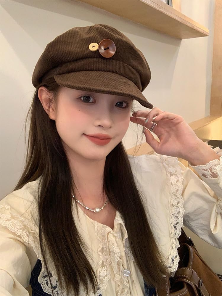 Corduroy Newsboy Hats for Women Vintage Button Decor Paperboy Painter Beret Cap Japanese Y2K Acubi Emo Headwear - Image 4