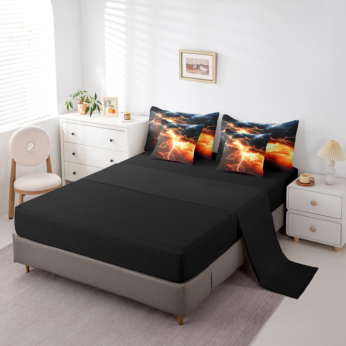 Erosebridal Lightning Storm Bedding Sets for Kids Boys,Red Lightning 7 Piece Queen Comforter Set Teen Men Adults,Grey Dark Clouds Bed in A Bag Natural Disaster Sheet Set with Comforter