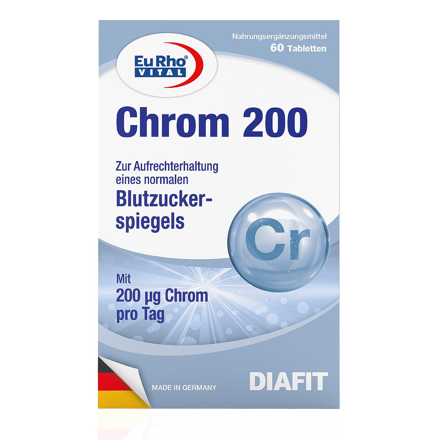 Chrom Tabletten | Nahrungsergänzungsmittel mit Chrompicolinat | Hochdosiert mit 200 mcg Chrom pro Tablette | 60 Tabletten für 2 Monate | EuRho® Vital – Made in Germany