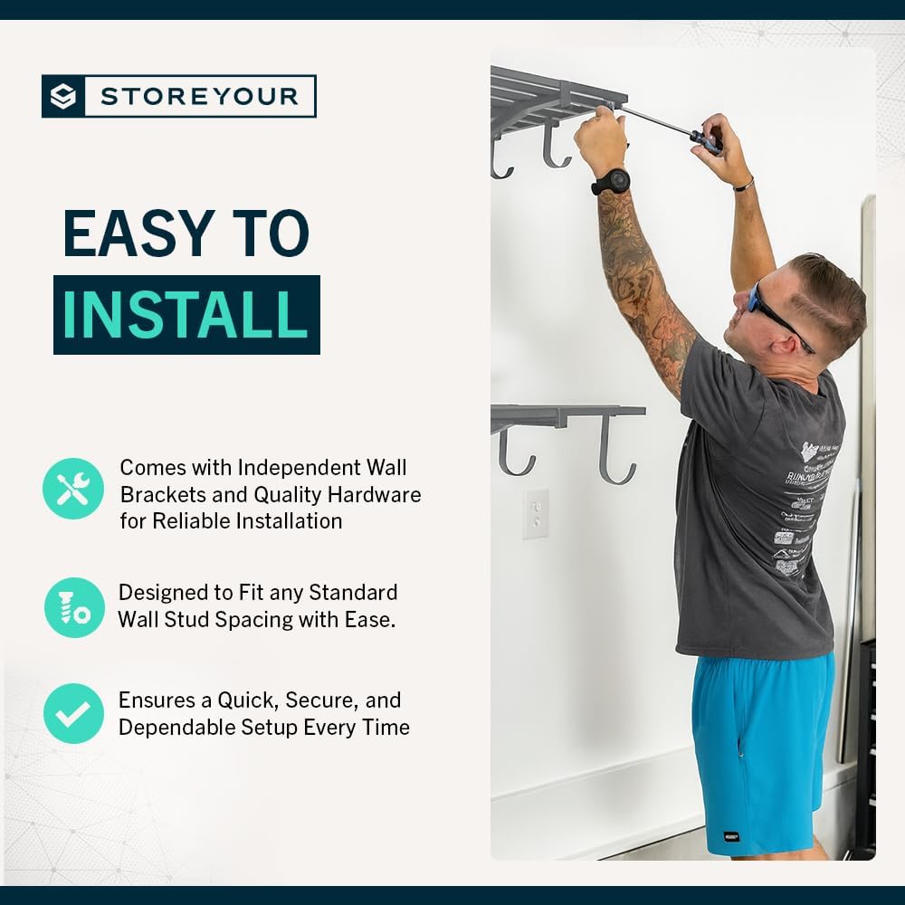 StoreYourBoard Garage Shelving Wall Mounted | 2x4 Heavy Duty Garage Wall Shelves 2-Pack, 24” Deep x 46.5” Long | Steel Garage Storage Rack Wall Mounted with Hooks, 200 lb Each / 400 lb Total, Gray