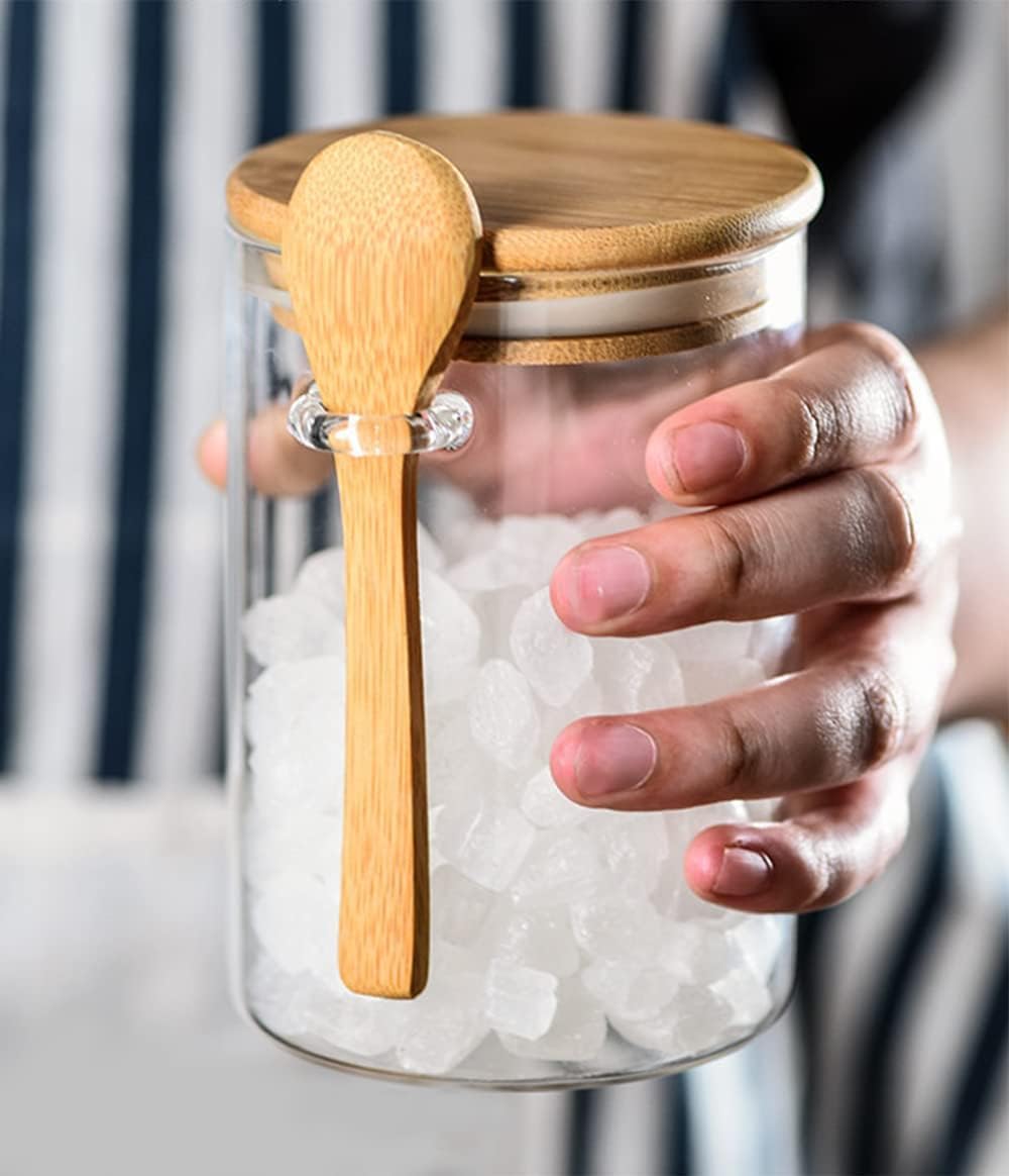 Sucrier, Récipient à joint en verre, sucrier, pot à épices, stockage des aliments avec couvercle en bois, cuillère