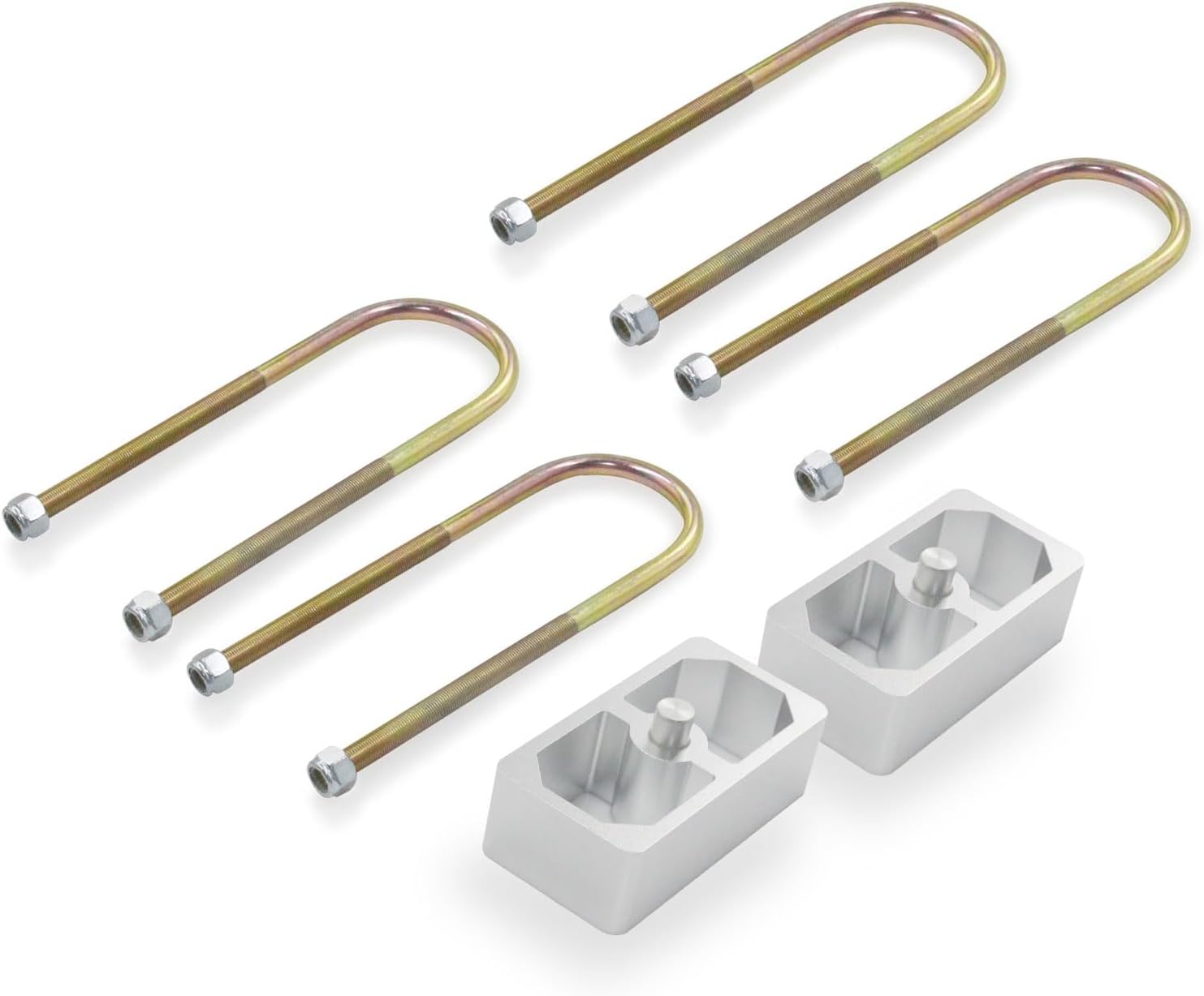 Universal Leaf Spring Lowering Block Kit, 1.5 Inch, 2-1/2" Wide, 5" Long, Zinc-Plated U-Bolts, Premium Steel Construction for Long-Lasting Finish
