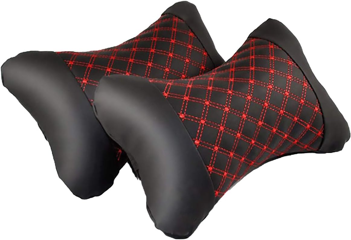 Jiele 2 Pcs Car Headrest,Neck Support Pillow Double Rhombus Pattern Made of Breathable Leather and Comfortable Memory Foam for Car Seat Headrest Support Cushion for Pain (Red)