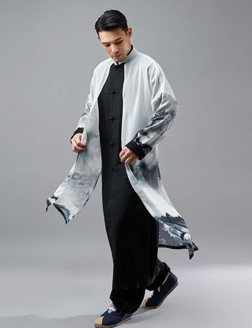LUZU JUNU Men's Trench Coat Long Printed Tang Suit Kung Fu Cotton Linen Robe Chinese Style Fake Two Piece Jackets