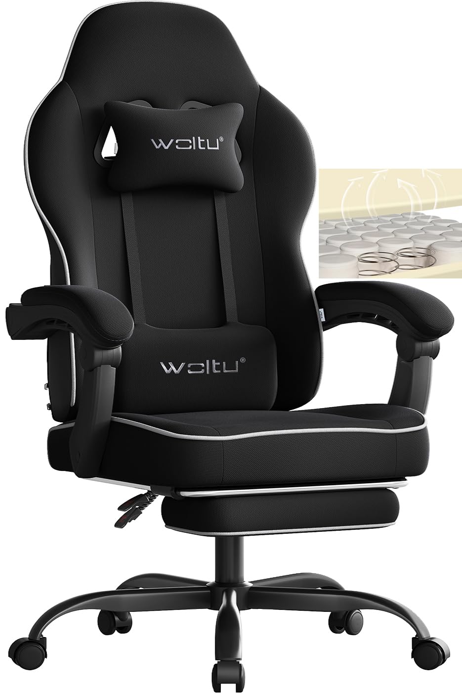 WOLTU Silla Gaming Ergonómica, Silla de Oficina con Reposabrazos y Soporte Lumbar, Silla Racing Giratoria con Asiento Amplio y Lleno de Muelle, Estructura Metal, Tela de Malla, Negro, GS11sz