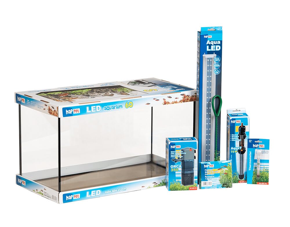 Happet - Zestaw akwariowy 60 l z oświetleniem LED, szklany wazon - lekki, dekoracyjny element wystroju domu, stołowy - z oświetleniem AquaLED, grzałką, filtrem, termometrem i podbierakiem