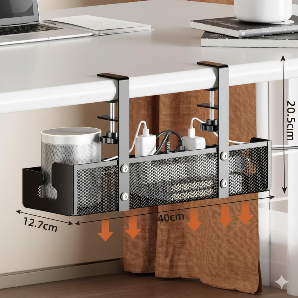 Axtella Adjustable Under Desk Cable Organizer Rack Heavy-Duty Metal Wire Tray with Clamp Mount No-Drill Design, Space-Saving & Rust-Resistant Holder for Power Cords, Extensions & Cables 3