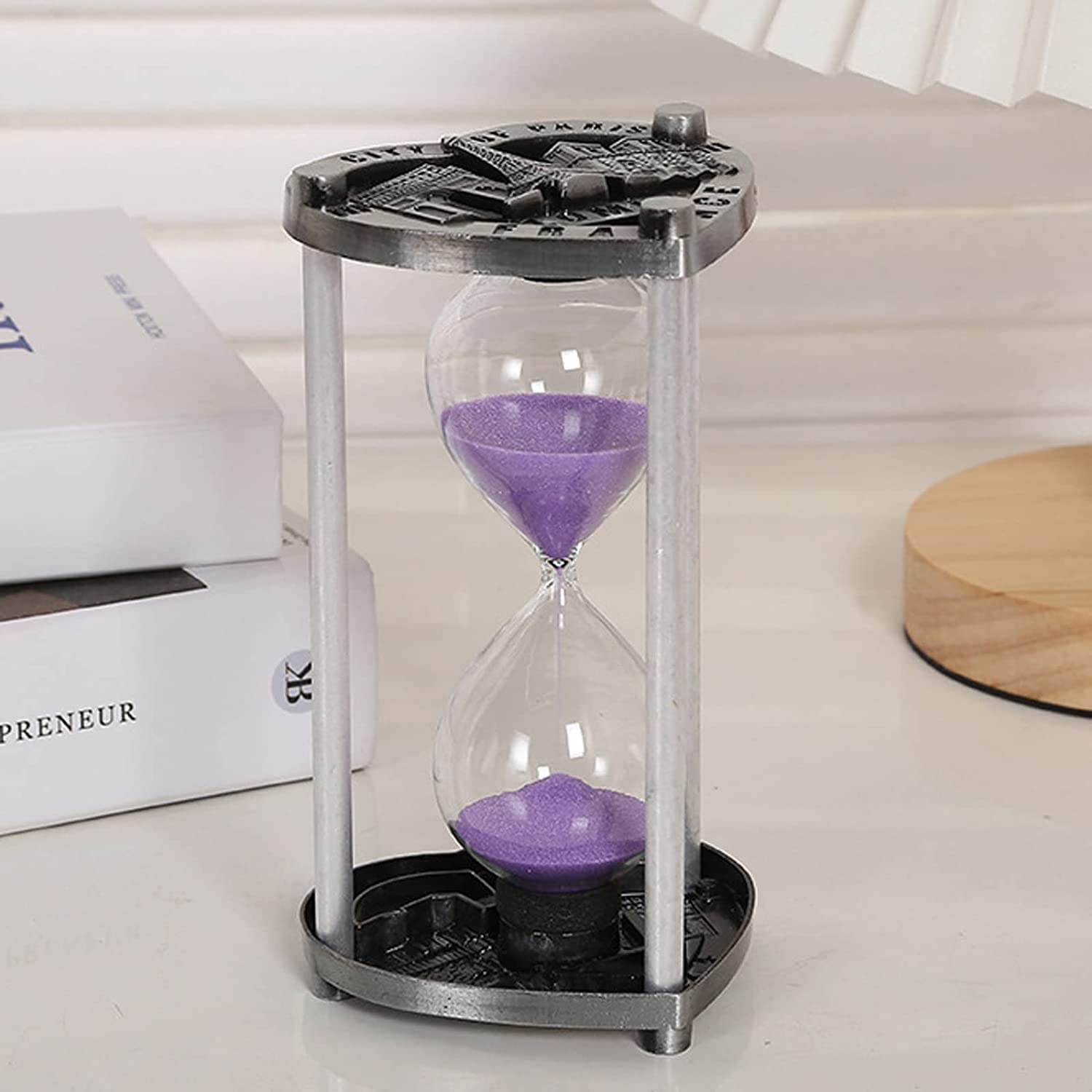 Reloj de arena para niños, temporizador decorativo de arena de 5/10 minutos, ideal para cepillarse los dientes, bañarse, cocinar, limpiar, 14,6 x 8 cm, diseño de marco de metal