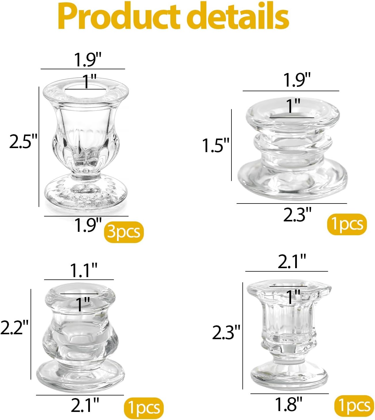 Glass Taper Candleholders - Clear Small Candlestick Holder Bulk, Set of 6 Clear Candleholders for Taper Candles Small Table, Glass Candlestick Holders, Thicker Glass Candle Sticks Set