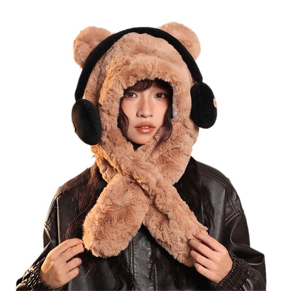 Bonnet à la mode oreilles d'ours pour femme avec écharpe à capuche fausse fourrure kaki