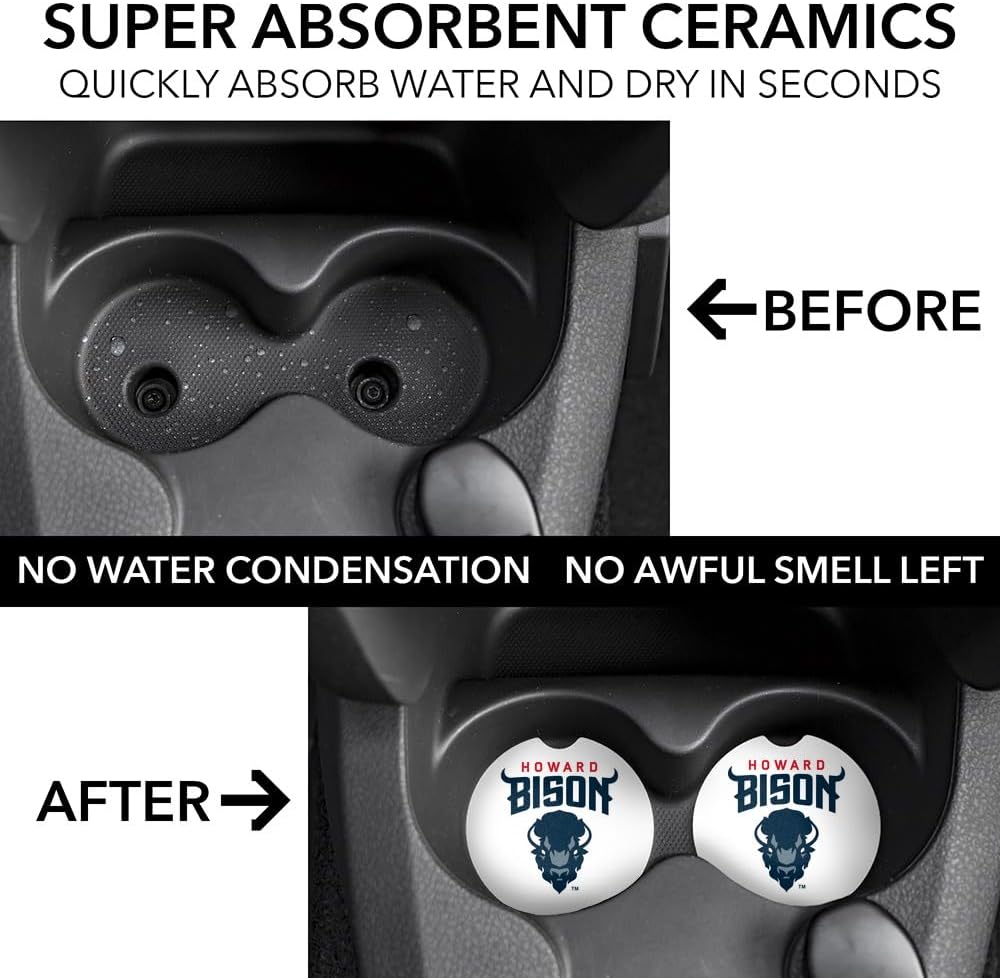 GRAPHICS & MORE Howard University Bison Primary Logo Car Coasters, Pack of 2, 2.5" Ceramic Stone, Drink Coaster for Cup Holders with Finger Notch - Image 3