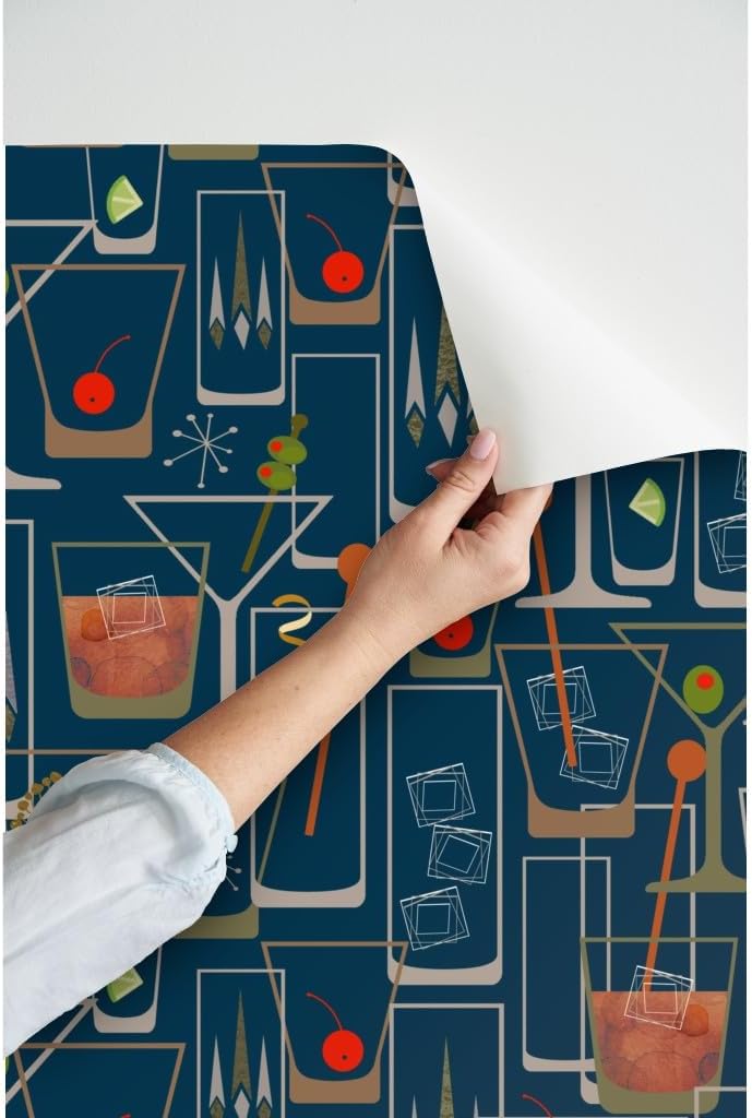 Peel & Stick Wallpaper 3ft x 2ft - Retro 1950S Blue Hawaii Mid Century Atomic Cocktail Martini Custom Removable Wallpaper by Spoonflower