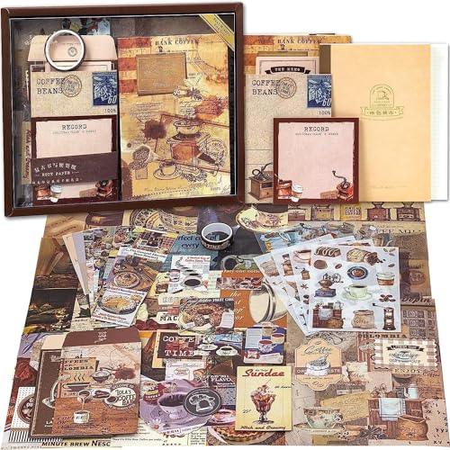 Image of 346Pcs Paper Vintage Aesthetic Scrapbook Kit Scrapbooking Supplies Kit With Bullet Junk Journal, Stationery, Washi Stickers A6 Grid Notebook Journaling Gift For Girl (Coffee Scrapbook)